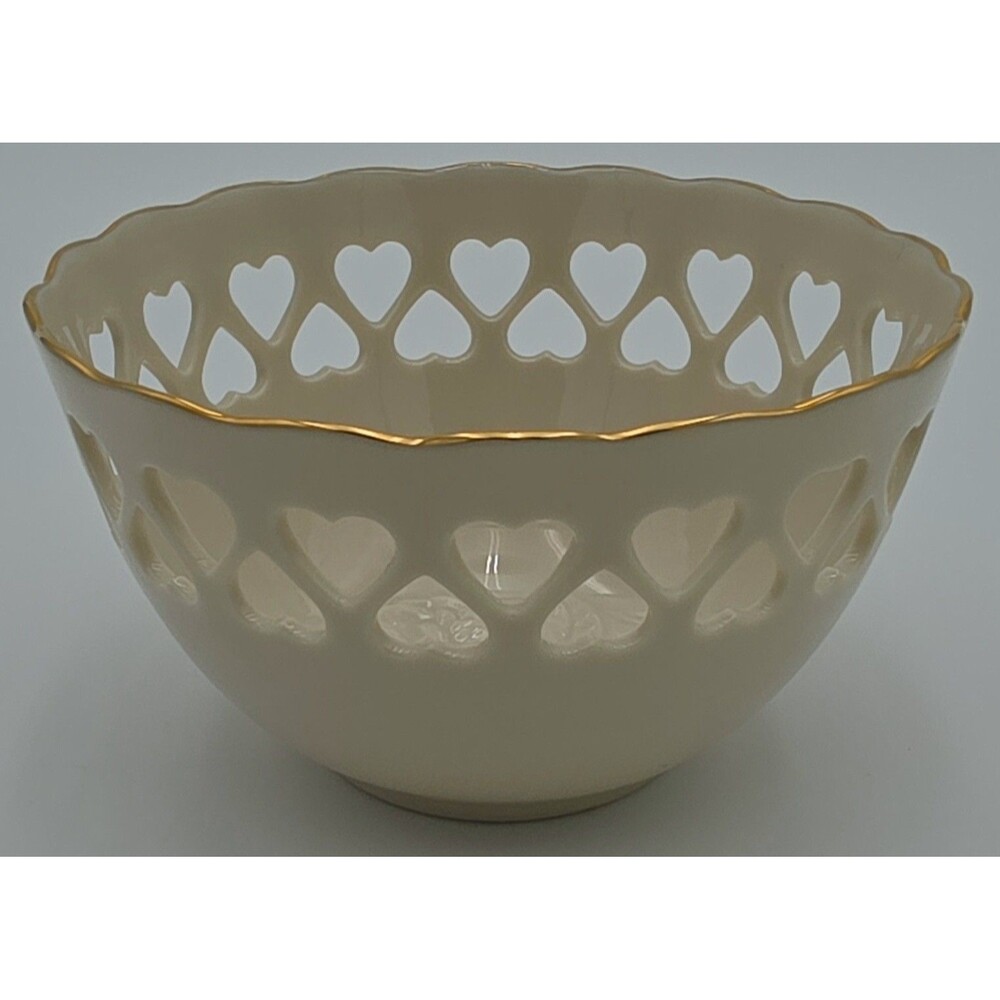 Lenox ~ Ivory Heart Cutout 5.5" Round Bowl Gold Rim Glossy ~ Made in USA